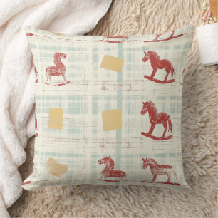 Cojín Decorativo Caballo de Juguete Antiguo Patrón de Cuadros Turqu