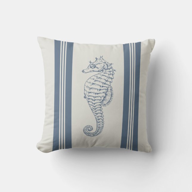 Cojín Decorativo Caballo de mar azul franjas náuticas (Anverso)