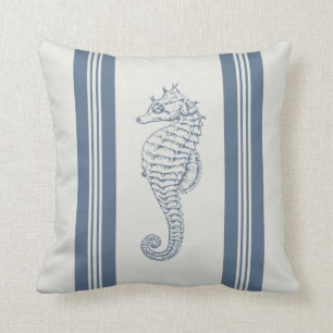Cojín Decorativo Caballo de mar azul franjas náuticas