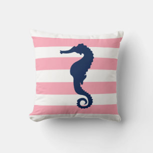 Cojín Decorativo Caballo de mar del patrón de franjas anchas azul y