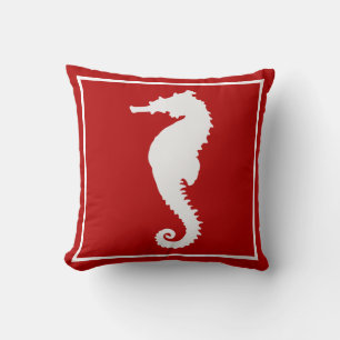 Cojín Decorativo Caballo de mar rojo y blanco costero náutico Playa