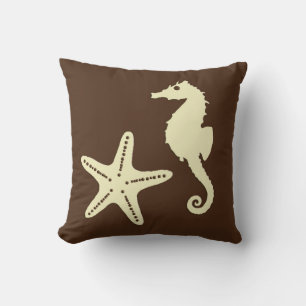 Cojín Decorativo Caballo de mar y pez estrella - marrón oscuro y be
