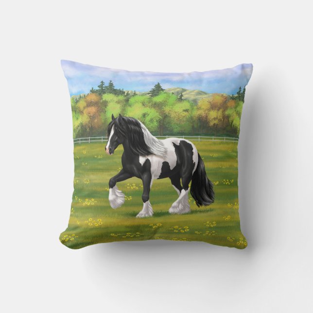 Cojín Decorativo Caballo de Vanner de Black Pinto Piebald Gypsy (Anverso)