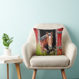Cojín Decorativo Caballo En Puerta De Barn Con Flores Silvestres