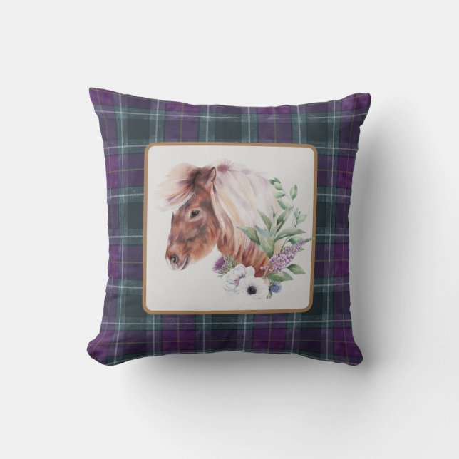 Cojín Decorativo Caballo Floral de Tartán (Anverso)