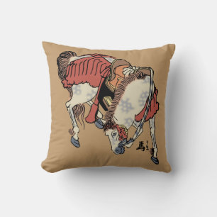 Cojín Decorativo Caballo Japonés Vintage sobre Marrón Camello