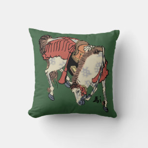Cojín Decorativo Caballo Japonés Vintage sobre Verde Cazador