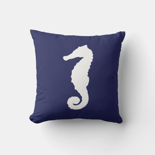Cojín Decorativo Caballo marino náutico azul de la marina (Anverso)