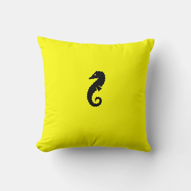 Cojín Decorativo Caballo marino oceánico negro sobre amarillo (Anverso)