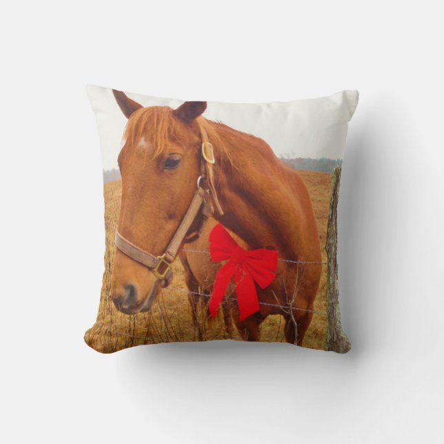Cojín Decorativo Caballo marrón, Navidad rojo (Anverso)