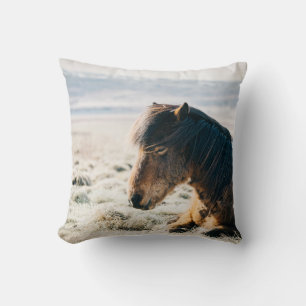 COJÍN DECORATIVO CABALLO MARRÓN SITUADO EN GRASS CERCA DE LA PLAYA