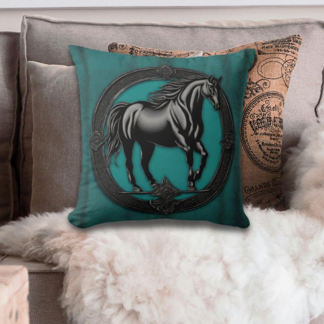 Cojín Decorativo Caballo negro ecuestre del país occidental (Rustic Western Country Teal black horse throw pillow)