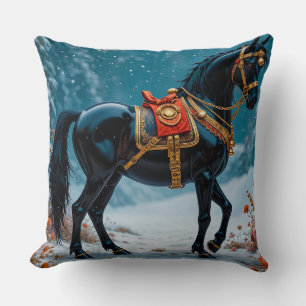 Cojín Decorativo Caballo negro majestuoso adornado con arnés de oro