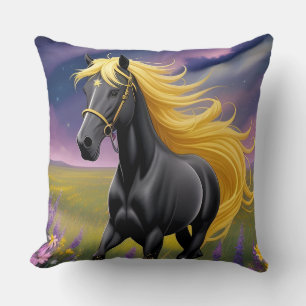 Cojín Decorativo Caballo negro majestuoso con melena dorada fluida