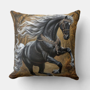 Cojín Decorativo Caballo negro majestuoso en ornamento ornamentado