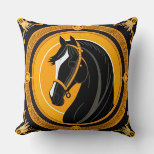 Cojín Decorativo Caballo negro sobre fondo amarillo y dorado orname