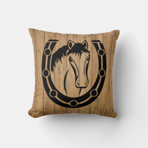 Cojín Decorativo Caballo Occidental Herradura Marrón Madera Ecuestr