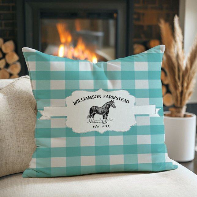 Cojín Decorativo Caballo verde azulado de la granja de búfalos (Teal Buffalo Plaid Farm Horse Throw Pillow)