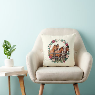 Cojín Decorativo Caballos elegantes en arte de corona floral