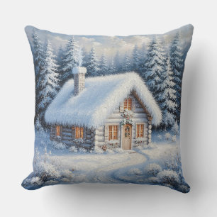Cojín Decorativo Cabaña acogedora cubierta de nieve en un invierno