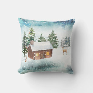Cojín Decorativo Cabaña Acogedora Invierno Acuarela