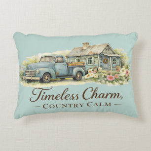 Cojín Decorativo Cabaña Camioneta Azul Vintage Flor Silvestre Tranq