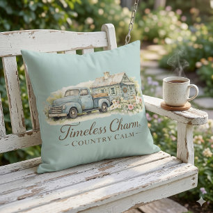 Cojín Decorativo Cabaña Camioneta Azul Vintage Flor Silvestre Tranq