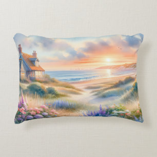 Cojín Decorativo Cabaña Costera Atardecer Dunas Acuarela