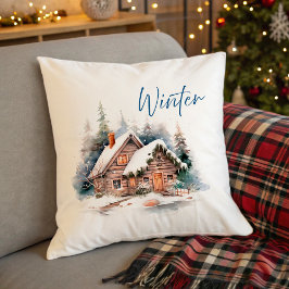 Cojín Decorativo Cabaña de invierno y ciervo en bosque nevado