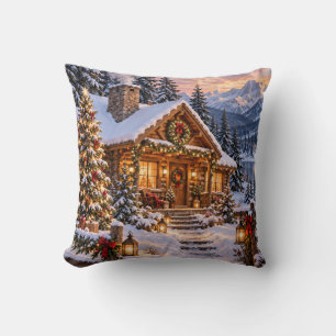 Cojín Decorativo Cabaña de Navidad Montaña Escena Invernal