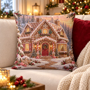 Cojín Decorativo Cabaña de Pan de Jengibre Acogedora Navidad Mágica