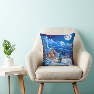Cojín Decorativo Cabaña en Noche de Luna de Navidad Invernal con Ni