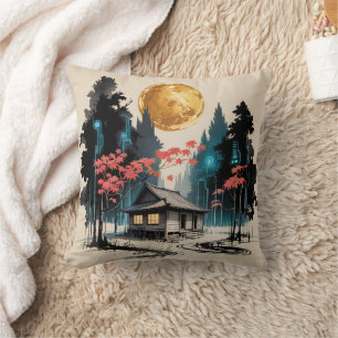 Cojín Decorativo Cabaña iluminada por la luna Arte del bosque japon