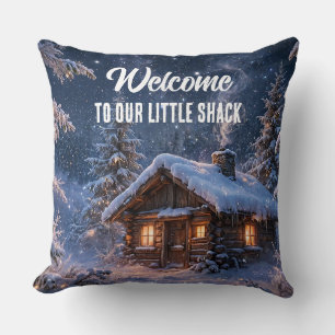 Cojín Decorativo Cabaña Mágica de Noche de Invierno en el Bosque