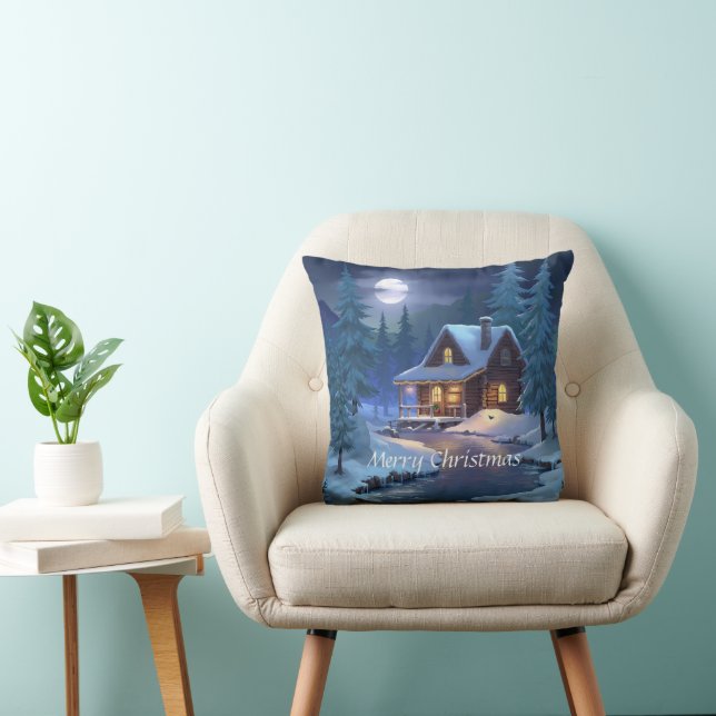 Cojín Decorativo Cabaña pacífica en el bosque invernal (Silla)