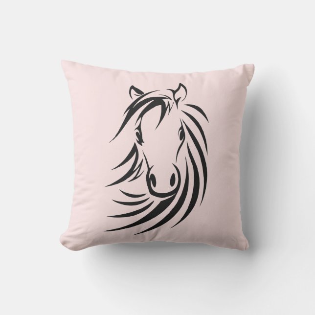 Cojín Decorativo Cabeza de caballo negra en rosa (Anverso)