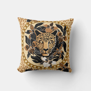 Cojín Decorativo cabeza de leopardo rodeada de orquídeas, cadena do