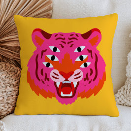 Cojín Decorativo Cabeza de Tigre Rugiente Funky en Amarillo Maximal