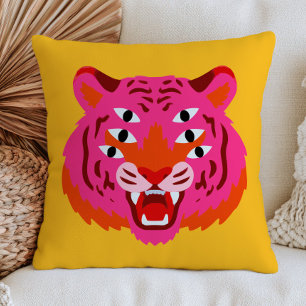 Cojín Decorativo Cabeza de Tigre Rugiente Funky en Amarillo Maximal