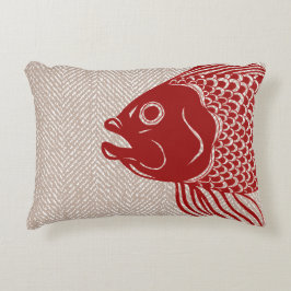 Cojín Decorativo Cabeza Náutica de Pescado Rojo y Taupe Herringbone
