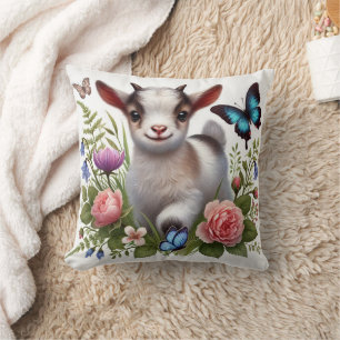 Cojín Decorativo Cabra bebé con mariposas y flores coloridas