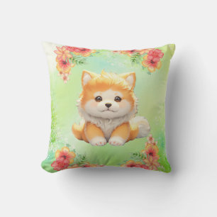 Cojín Decorativo Cachorro acogedor con flores florecientes acuarela