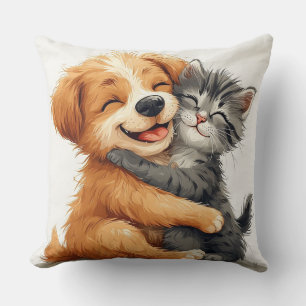 Cojín Decorativo Cachorro adorable y gatito abrazándose con cálidas