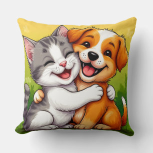 Cojín Decorativo Cachorro adorable y gatito abrazándose con cálidas