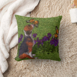 Cojín Decorativo Cachorro Beagle Mariposas Flores Arte Perro