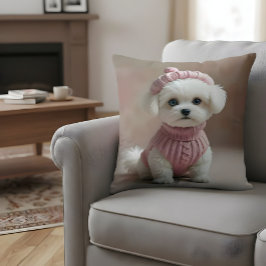 Cojín Decorativo Cachorro blanco en suéter rosado y Gorra