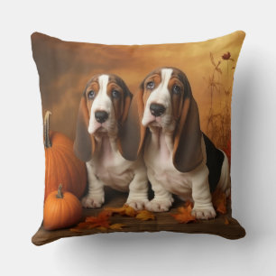Cojín Decorativo Cachorro de Basset Hound Otoño Delicia Calabaza