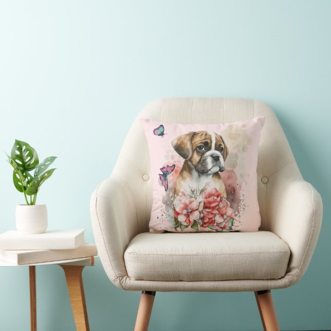 Cojín Decorativo Cachorro de boxeo en flores (Silla)