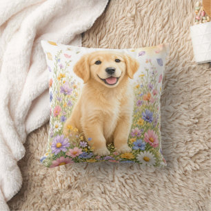 Cojín Decorativo Cachorro de Golden Retriever entre Flores Silvestr