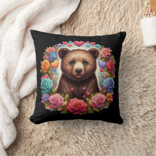 Cojín Decorativo Cachorro de oso rodeado de rosas y corazones